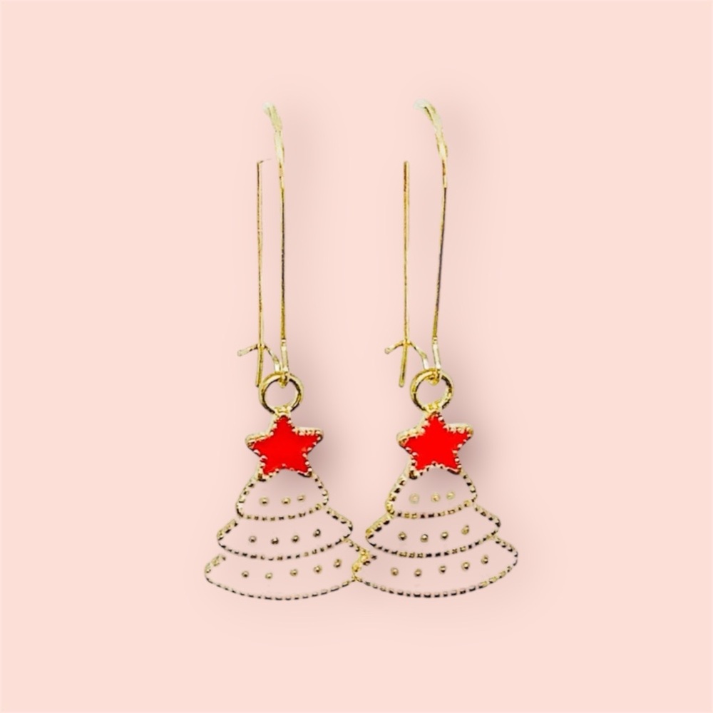 BOUTIQUE Gold and Red Star Christmas Tree Earrings, Holiday Dangles